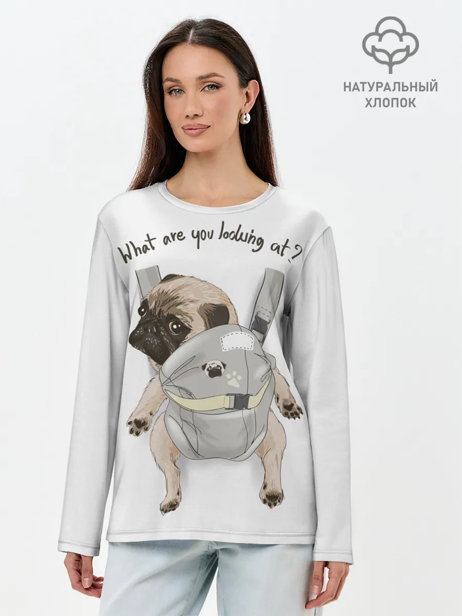 Лонгслив женский. Хлопок / Мопс в рюкзаке
