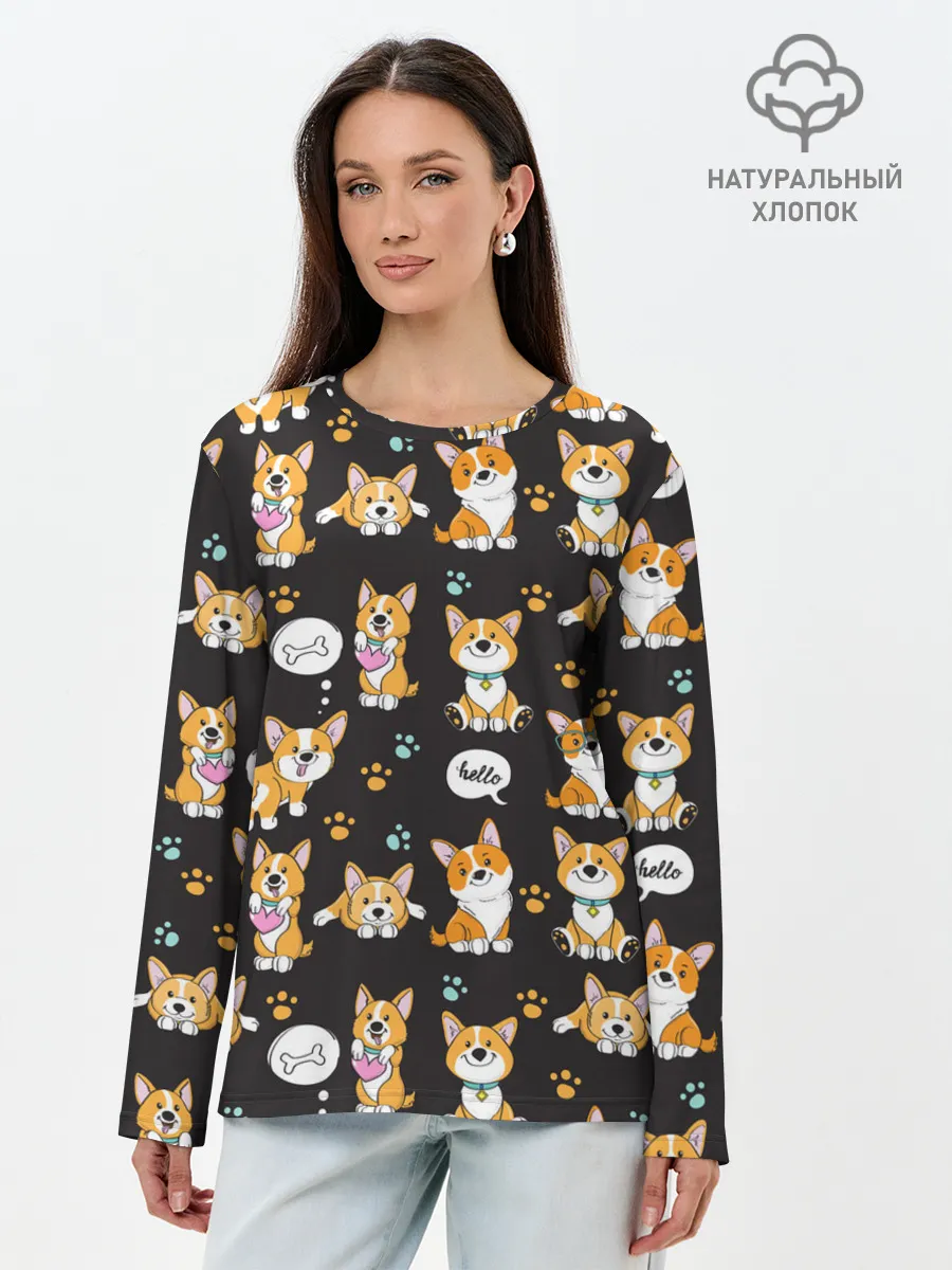 Лонгслив женский. Хлопок / Милые пёсики