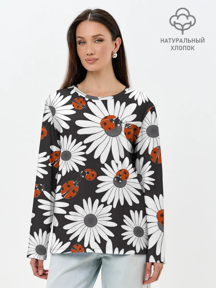 Лонгслив женский. Хлопок / Божьи коровки на ромашках