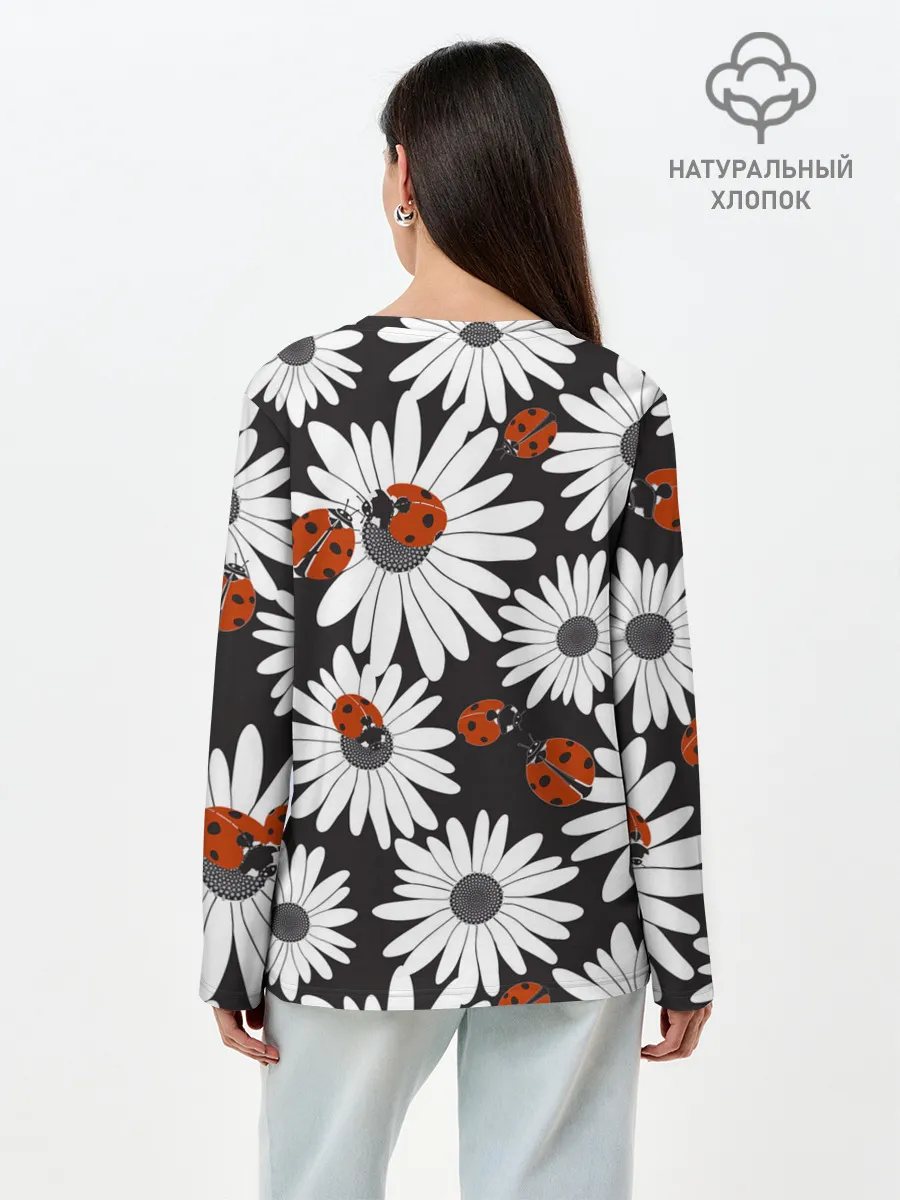 Лонгслив женский. Хлопок / Божьи коровки на ромашках