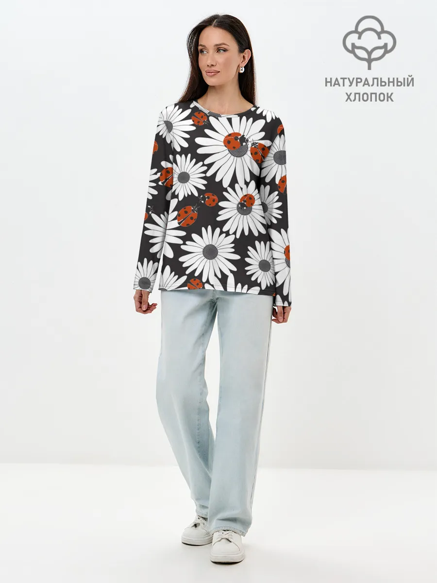 Лонгслив женский. Хлопок / Божьи коровки на ромашках