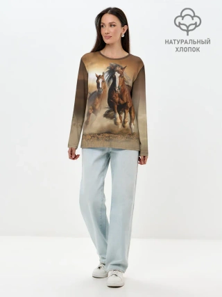 Лонгслив женский. Хлопок / Бегущие лошади
