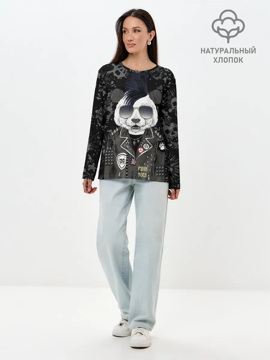 Лонгслив женский. Хлопок / Панда в косухе