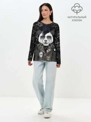 Лонгслив женский. Хлопок / Панда в косухе