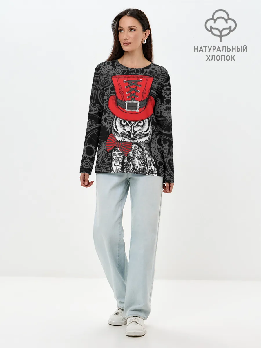 Лонгслив женский. Хлопок / Сова в цилиндре