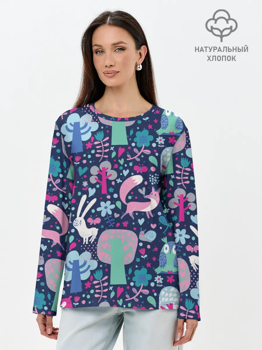 Лонгслив женский. Хлопок / Лесные животные