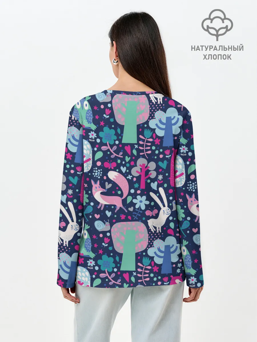 Лонгслив женский. Хлопок / Лесные животные