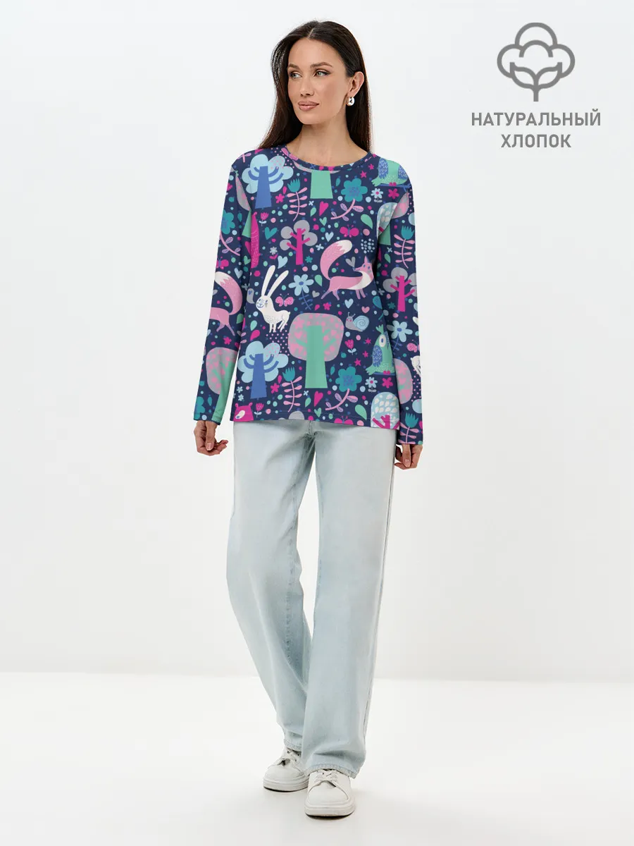 Лонгслив женский. Хлопок / Лесные животные