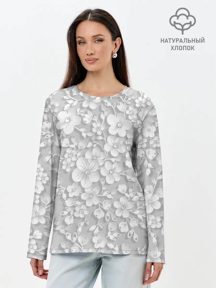 Лонгслив женский. Хлопок / Белые цветы