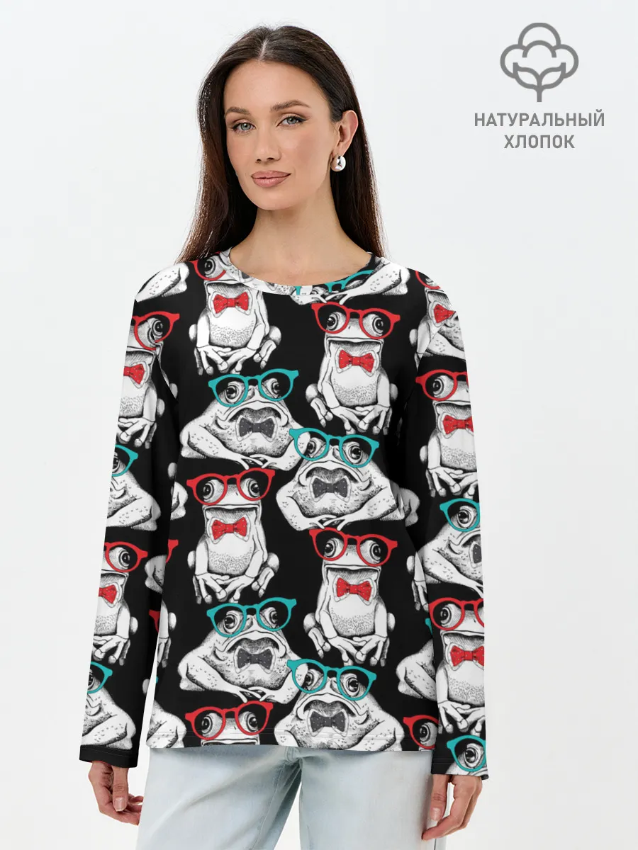 Лонгслив женский. Хлопок / Лягушки в очках