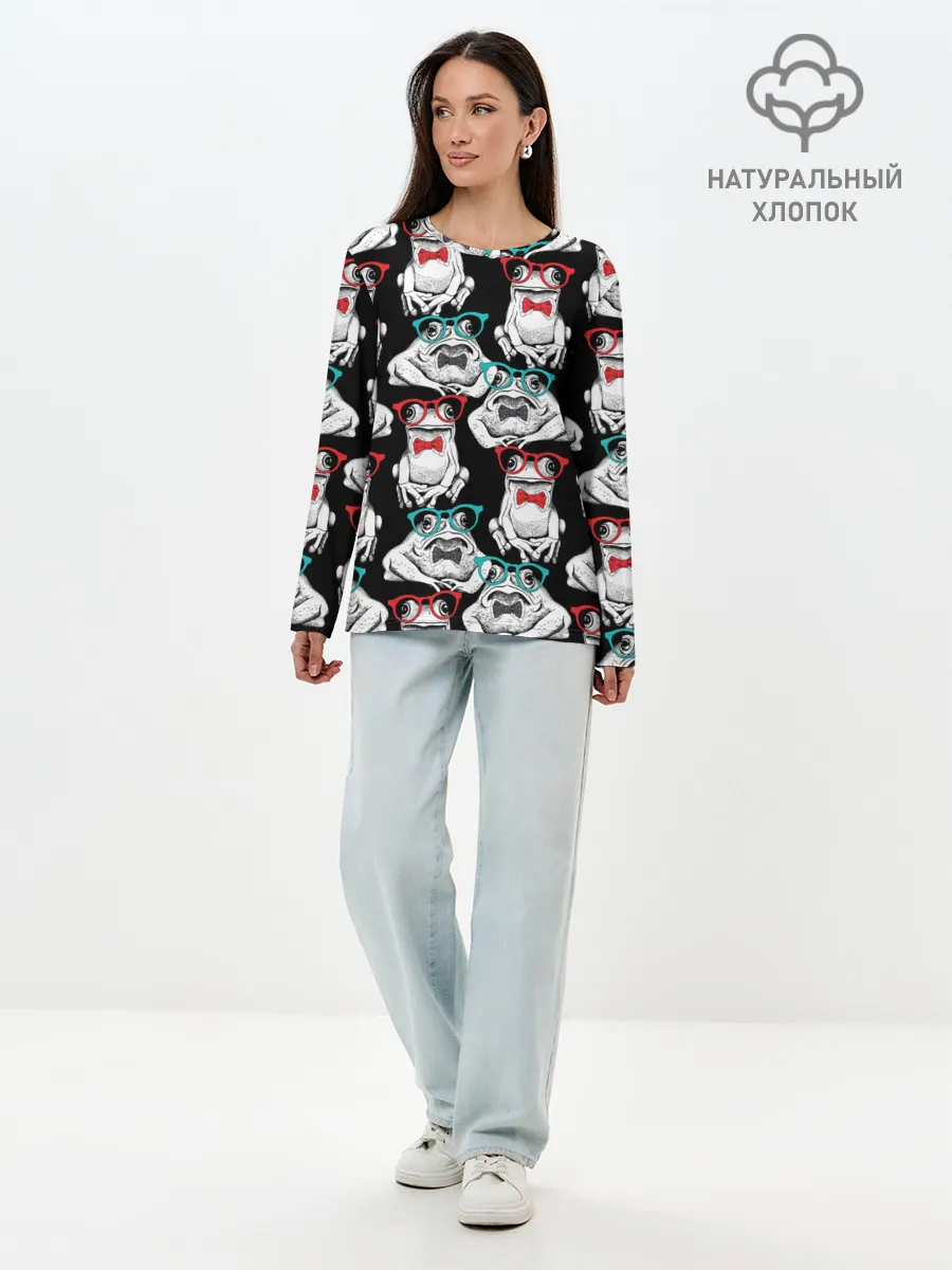 Лонгслив женский. Хлопок / Лягушки в очках