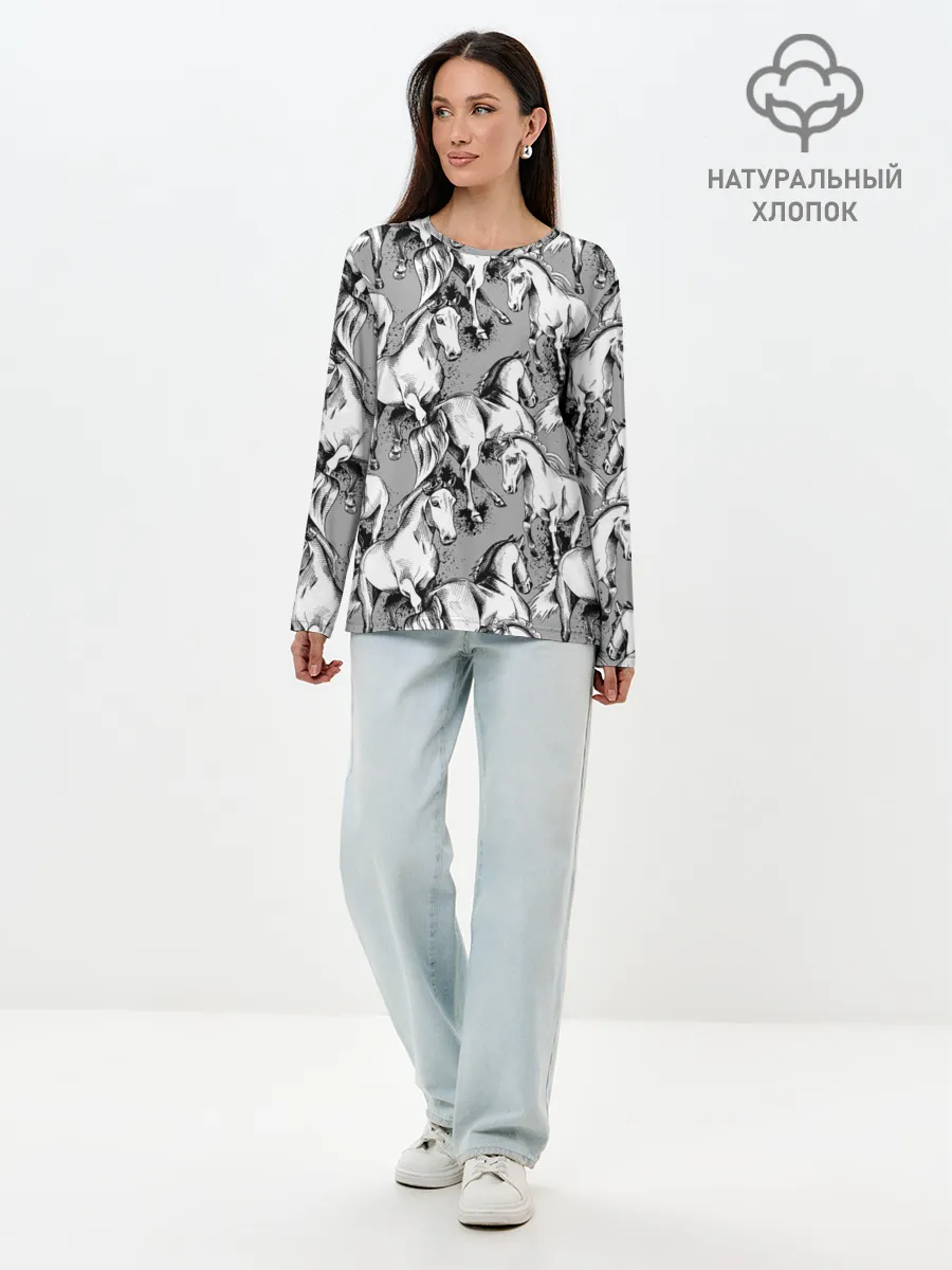 Лонгслив женский. Хлопок / Белые лошади