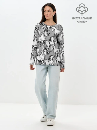 Лонгслив женский. Хлопок / Белые лошади