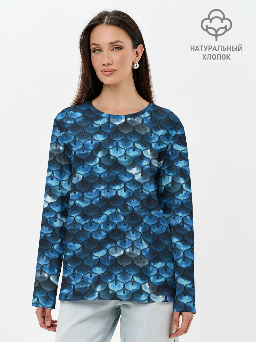 Лонгслив женский. Хлопок / Синяя чешуя