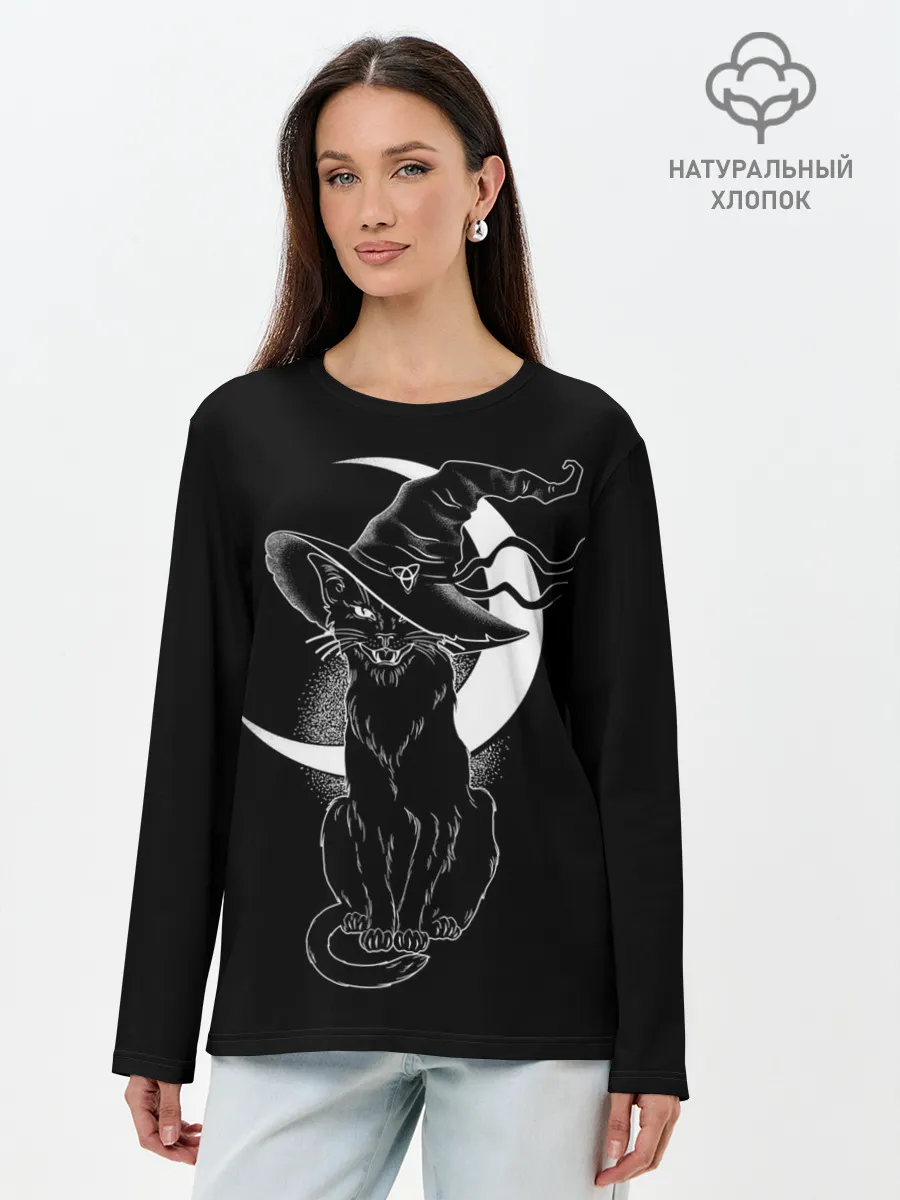Лонгслив женский. Хлопок / Кошка колдунья