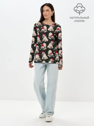 Лонгслив женский. Хлопок / Новогодние мопсы