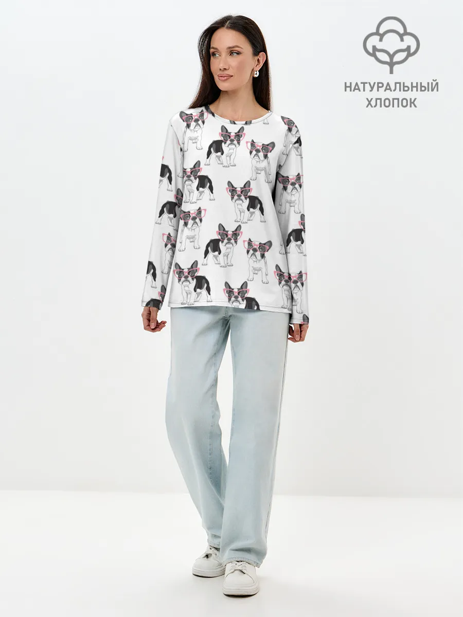 Лонгслив женский. Хлопок / Французские бульдоги в очках