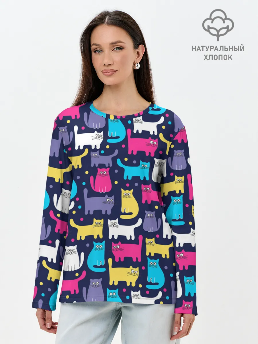 Лонгслив женский. Хлопок / Разноцветные котики