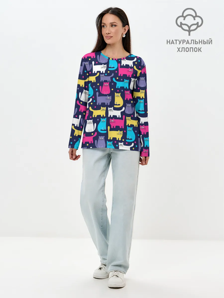 Лонгслив женский. Хлопок / Разноцветные котики