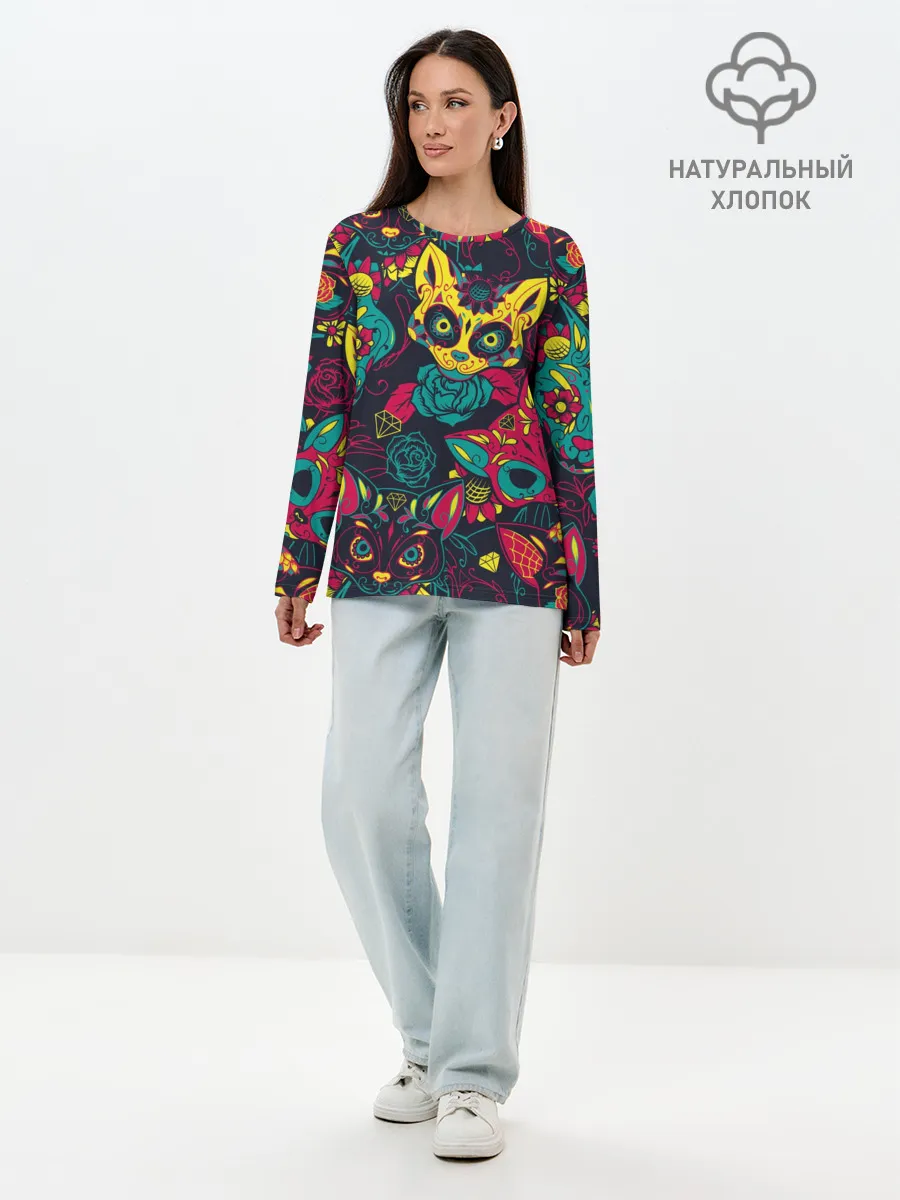 Лонгслив женский. Хлопок / Кошачий День Мёртвых