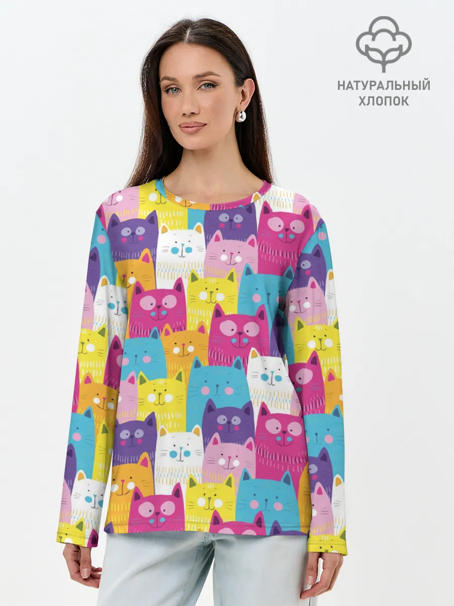 Лонгслив женский. Хлопок / Разноцветные котики