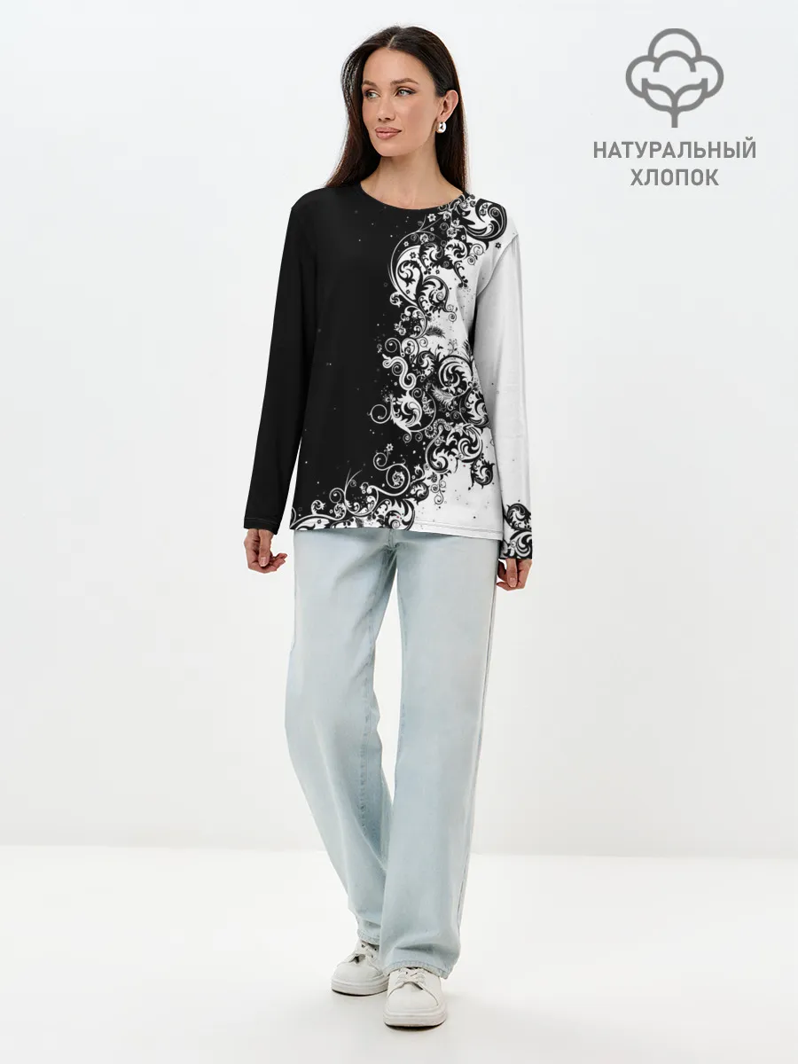 Лонгслив женский. Хлопок / Черно-белый узор.