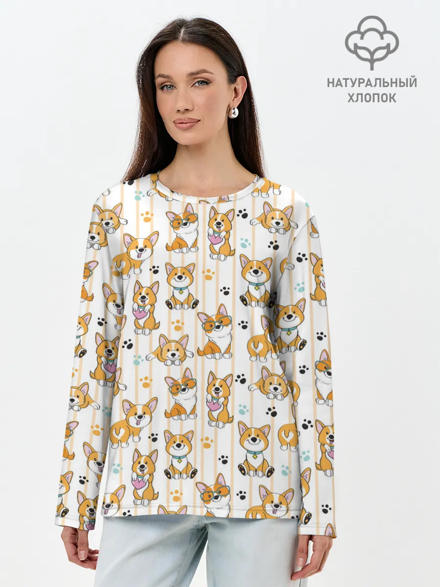Лонгслив женский. Хлопок / Вельш корги пемброк