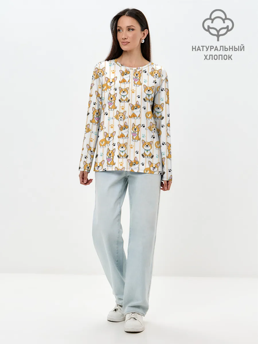 Лонгслив женский. Хлопок / Вельш корги пемброк