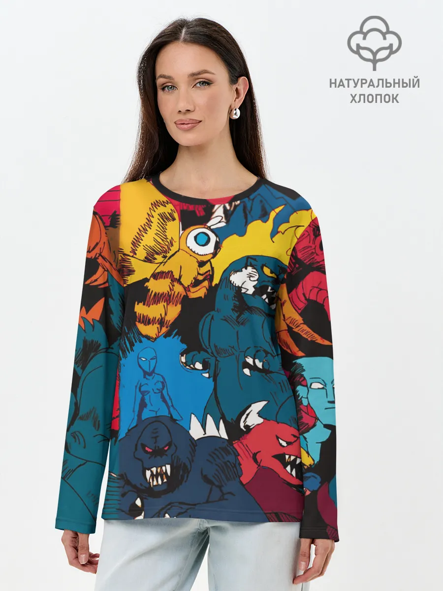 Лонгслив женский. Хлопок / Годзилла