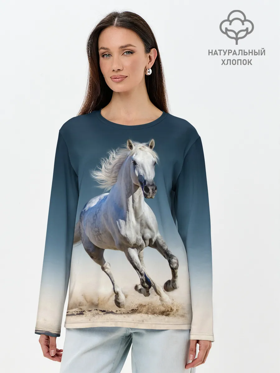 Лонгслив женский. Хлопок / Серый в яблоках конь