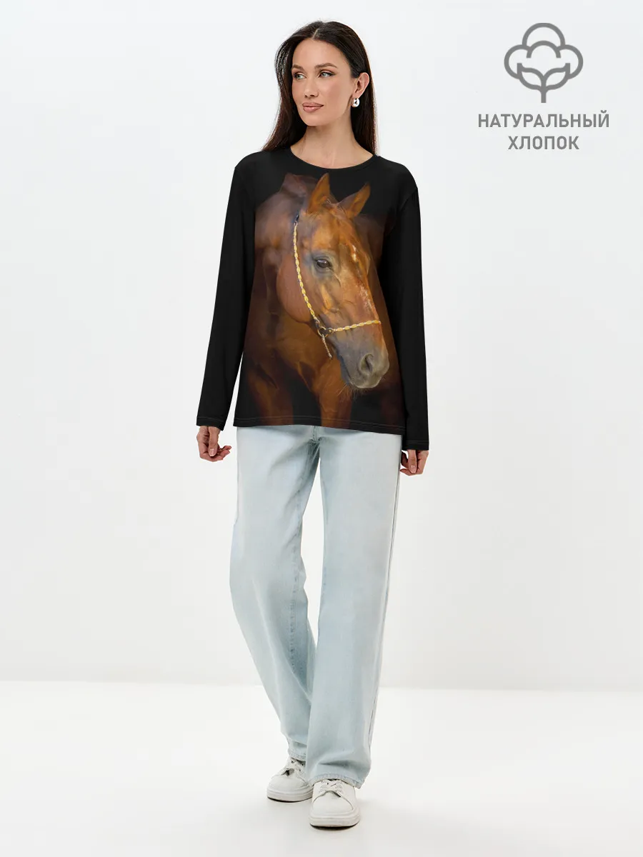 Лонгслив женский. Хлопок / Гнедая лошадь