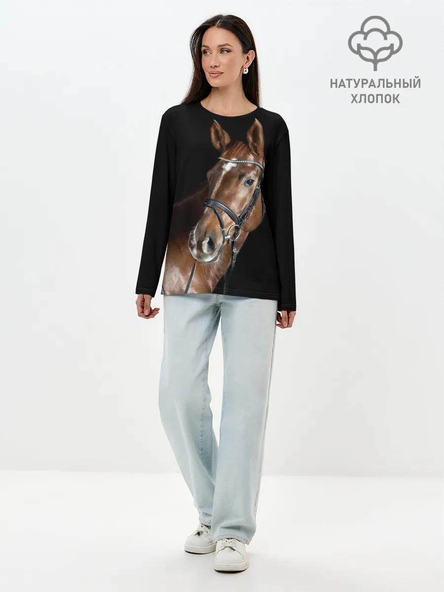 Лонгслив женский. Хлопок / Гнедая лошадь