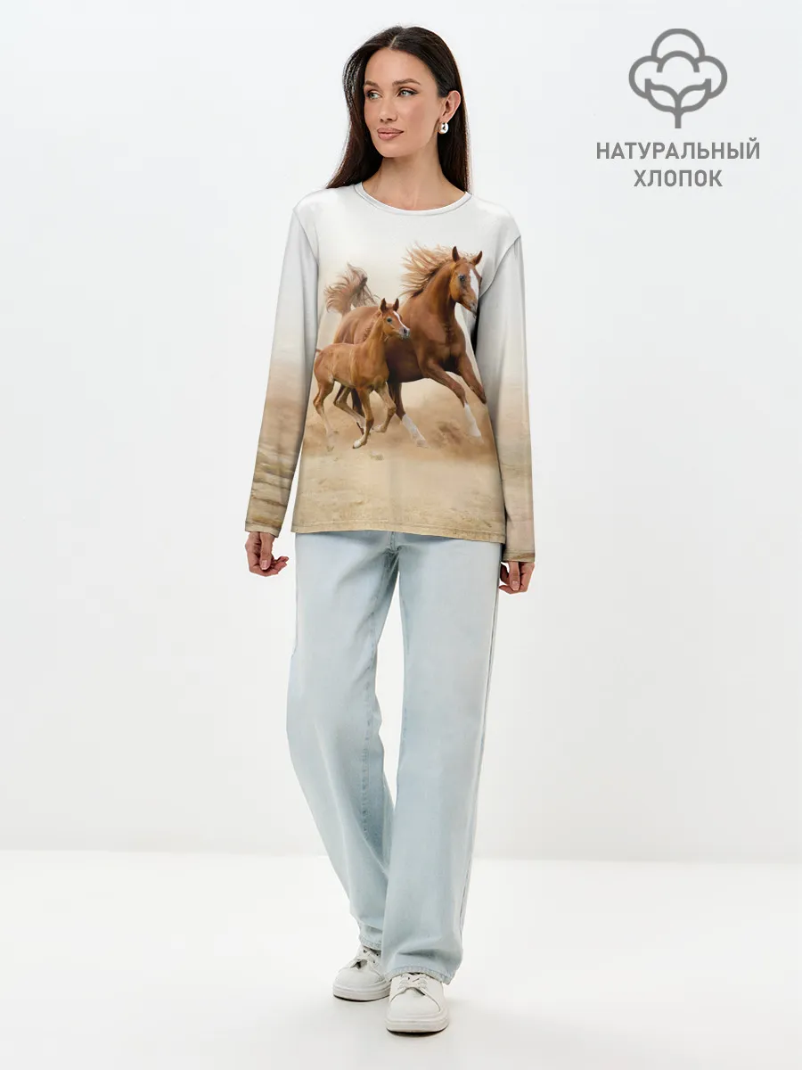 Лонгслив женский. Хлопок / Лошадь с жеребенком