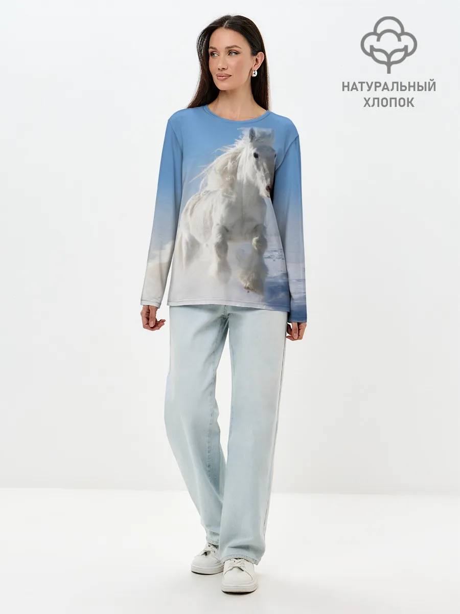 Лонгслив женский. Хлопок / Белый скакун
