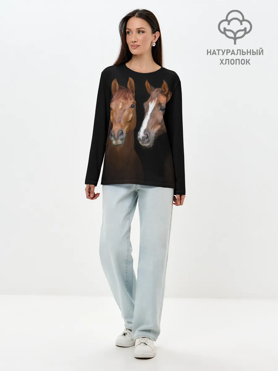 Лонгслив женский. Хлопок / Лошади гнедые
