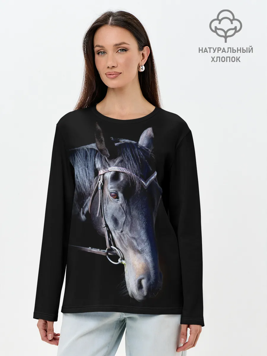 Лонгслив женский. Хлопок / Конь вороной