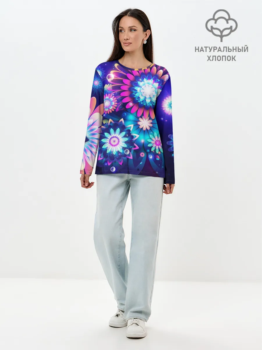 Лонгслив женский. Хлопок / Неоновые Цветы