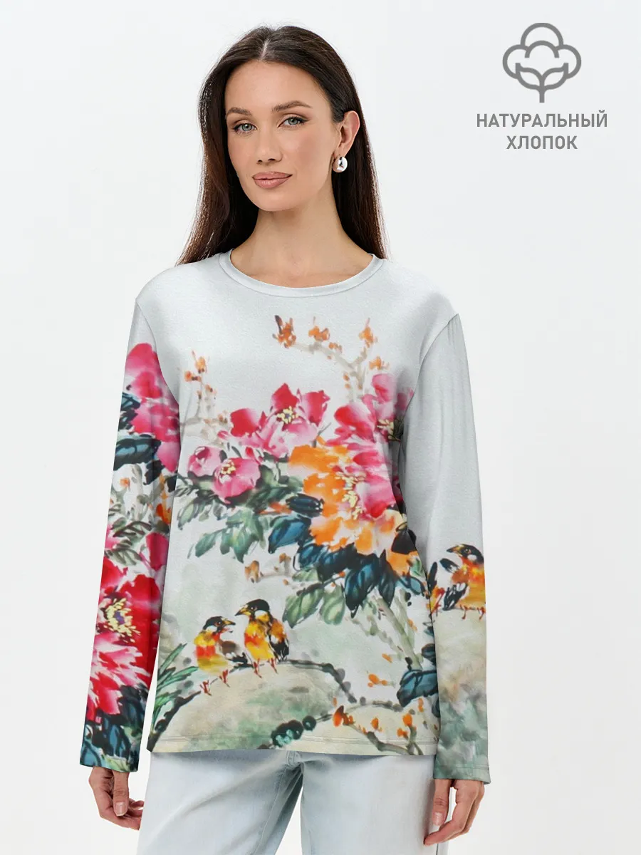 Лонгслив женский. Хлопок / Японские цветы
