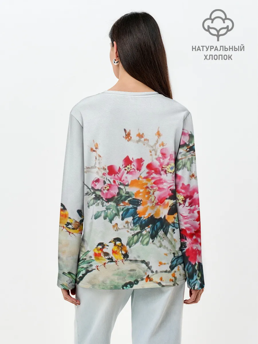 Лонгслив женский. Хлопок / Японские цветы