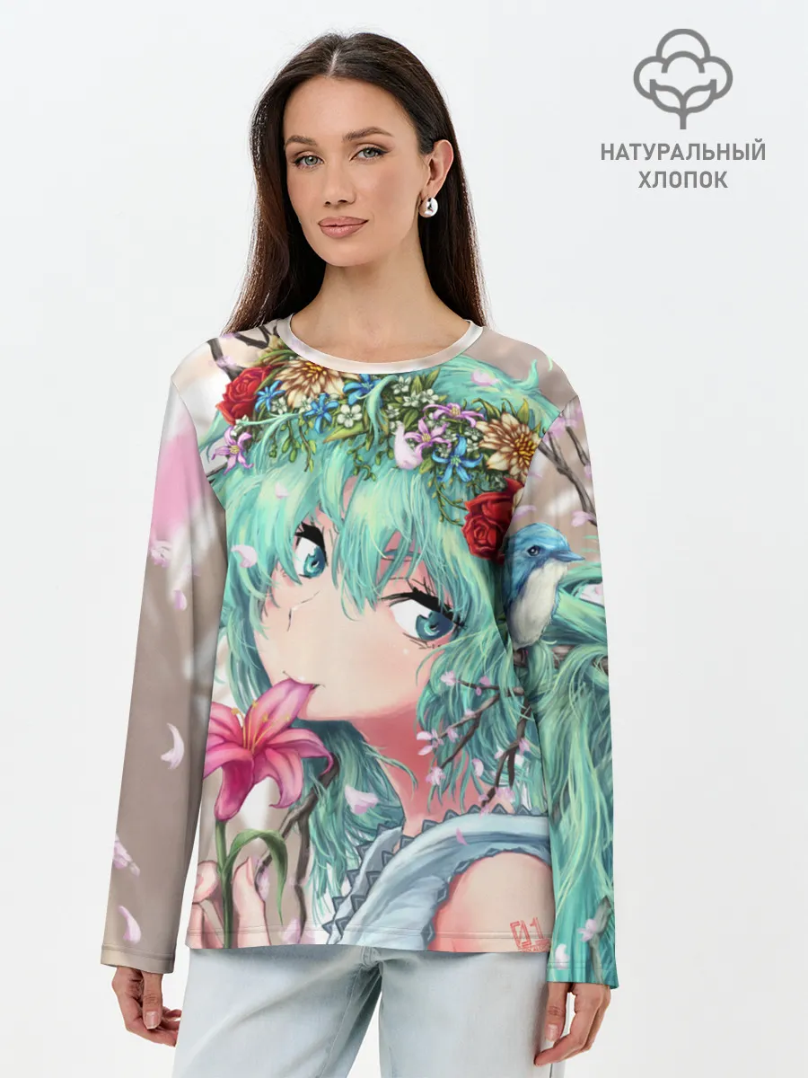 Лонгслив женский. Хлопок / Цветок и Хацуне Мику