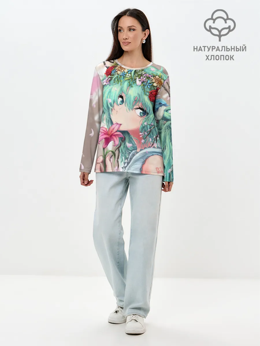 Лонгслив женский. Хлопок / Цветок и Хацуне Мику