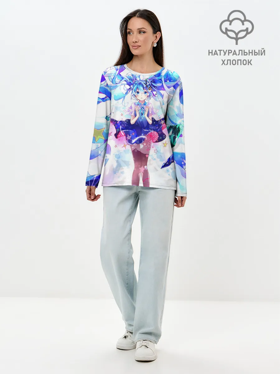 Лонгслив женский. Хлопок / Хацуне Мику на красочном фоне