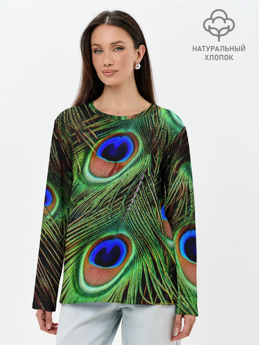 Лонгслив женский. Хлопок / Перья павлина #1