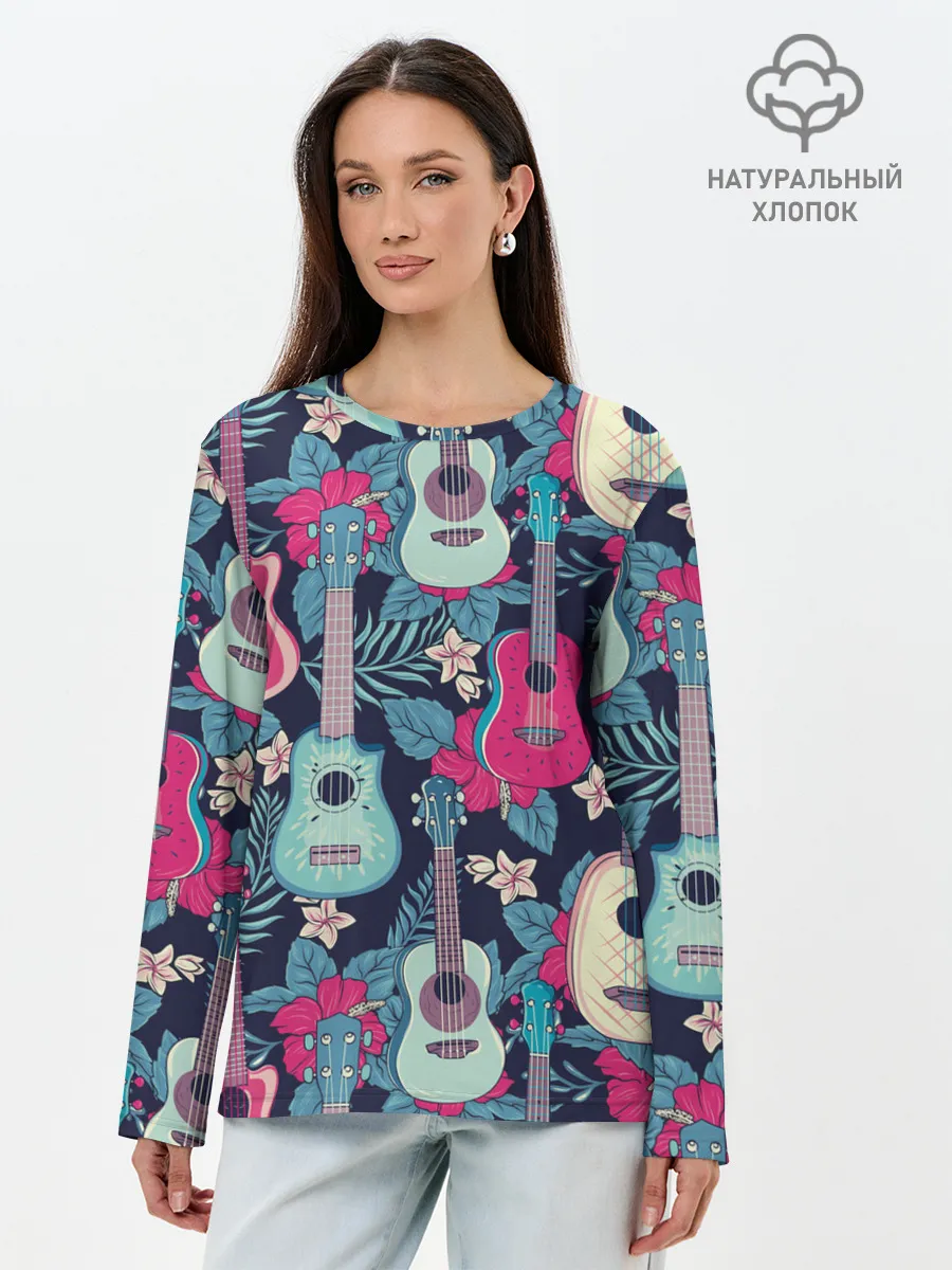 Лонгслив женский. Хлопок / Укулеле фруктовые
