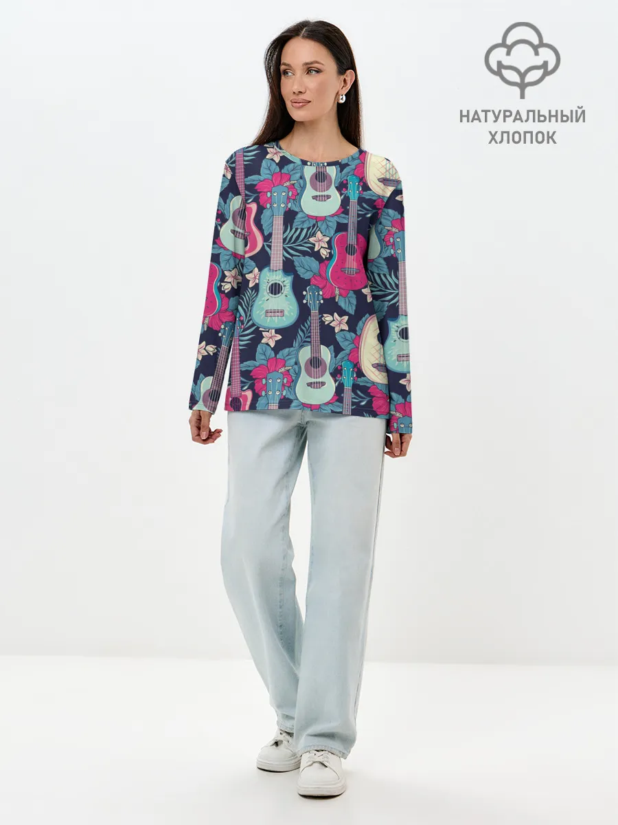 Лонгслив женский. Хлопок / Укулеле фруктовые