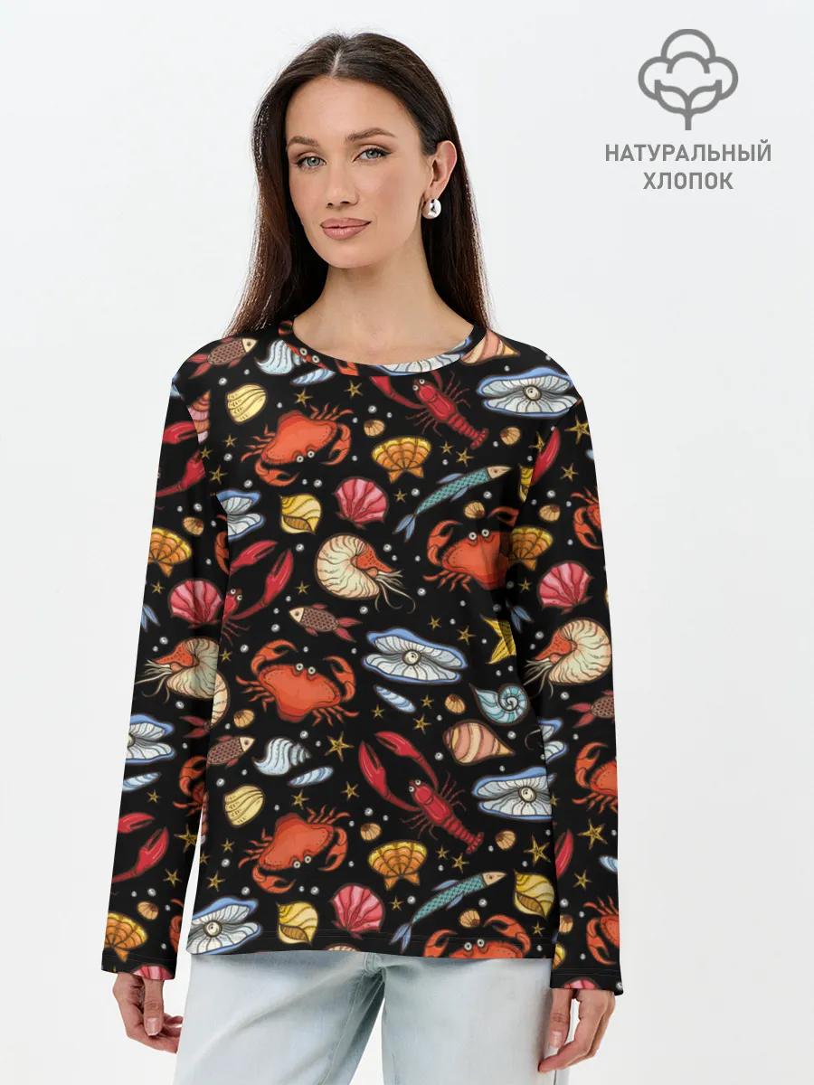Лонгслив женский. Хлопок / Морские обитатели