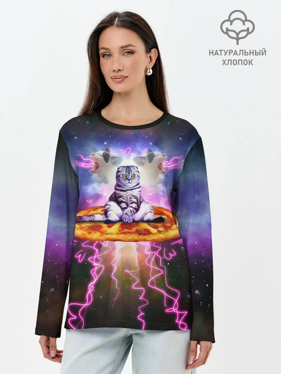 Лонгслив женский. Хлопок / Кот на пицце