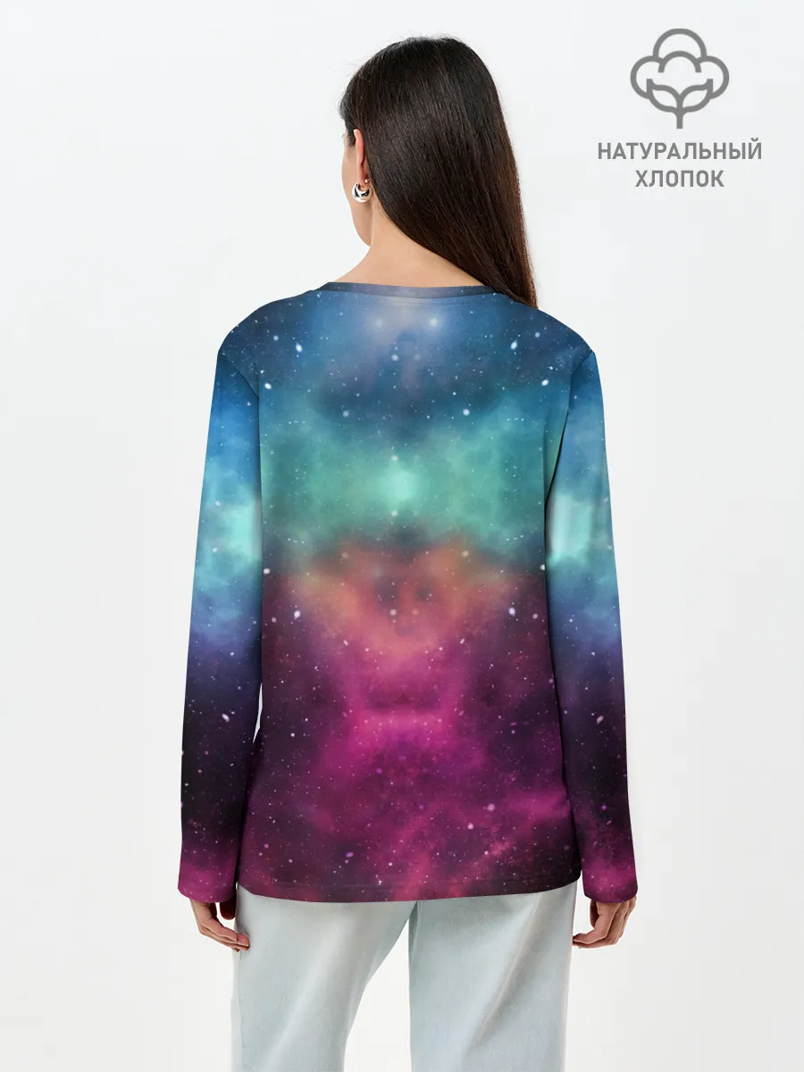 Лонгслив женский. Хлопок / Кот с радугой и пиццей