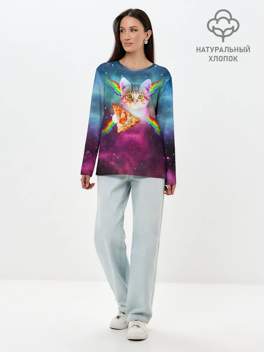 Лонгслив женский. Хлопок / Кот с радугой и пиццей