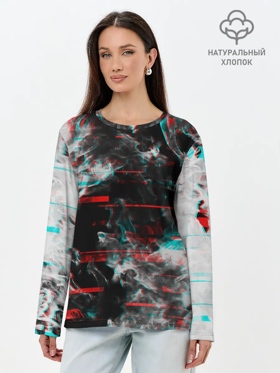Лонгслив женский. Хлопок / White flame glitch